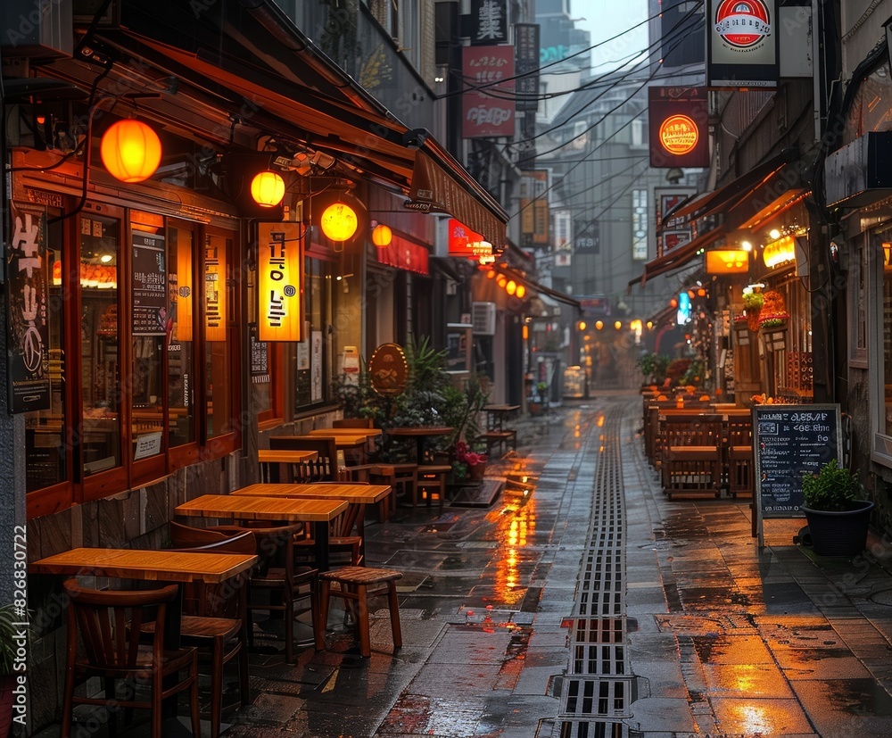 Fototapeta premium A serene, rain-soaked narrow alleyway in the heart of an urban area, beautifully lit with warm lanterns and lined with cozy wooden tables and vibrant storefronts