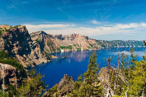 Scenic view of  the rim and Wizard Island in Crater Lake, Oregon, USA
