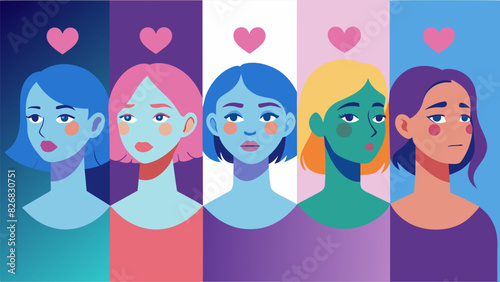 A series of pastel selfportraits each one representing a different stage of emotional healing from pain and darkness to selflove and acceptance.. Vector illustration