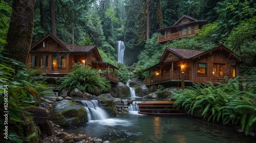 The photo shows several wooden houses in the middle of a lush forest