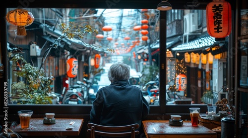 A solitary figure gazes out onto a bustling street from a cozy caf? adorned with warm lighting and traditional Japanese lanterns