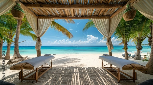 Tropical Beach Spa  A luxurious spa cabana on a white sandy beach  with massage tables facing the ocean 