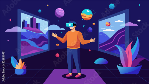 A virtual reality installation allowing viewers to physically immerse themselves in the emotional landscape of the artists digital artworks.. Vector illustration