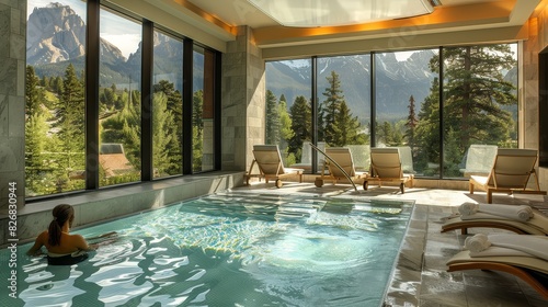 Mountain View Spa Retreat: An elegant spa with floor-to-ceiling windows offering a breathtaking view of the mountains,