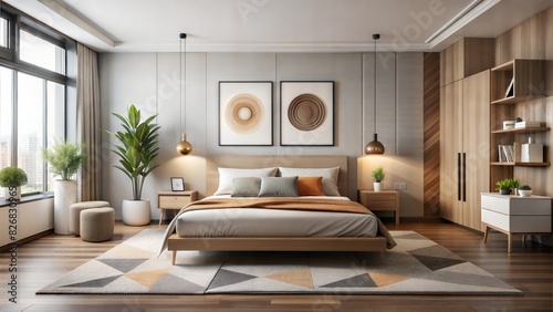 D  cor in a modern bedroom is kept to a minimum  with a focus on clean lines and geometric shapes. Abstract art or simple prints add visual interest to the walls  while decorative accents like 