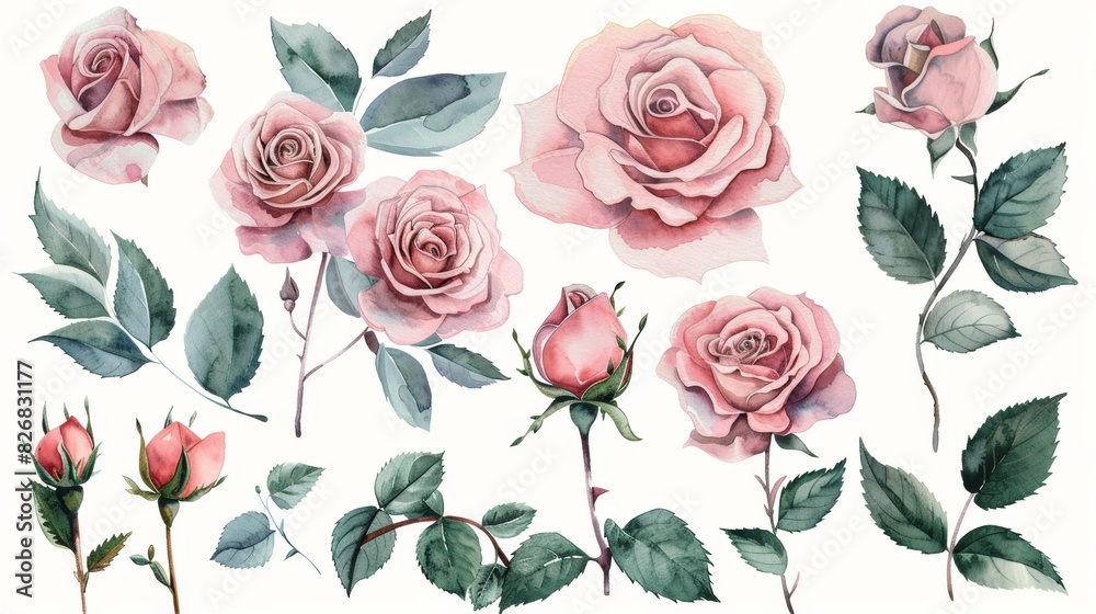 Watercolor illustration of pink roses and green leaves, isolated on white background. Perfect for floral design and wedding stationery. Watercolor illustration of pink roses and green leaves, isolated on white background. Perfect for floral design and wedding stationery.