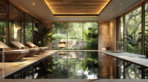 The AI-generated photo shows a beautiful indoor pool with a wooden deck and lots of greenery