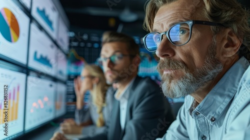 A group of business people are looking at a large screen with data and graphs on it. They are all wearing glasses and look serious. © ChomStyle