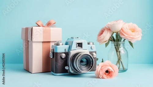 gift box, flowers and a camera on a background in vintage style concept fathers day created with generative ai