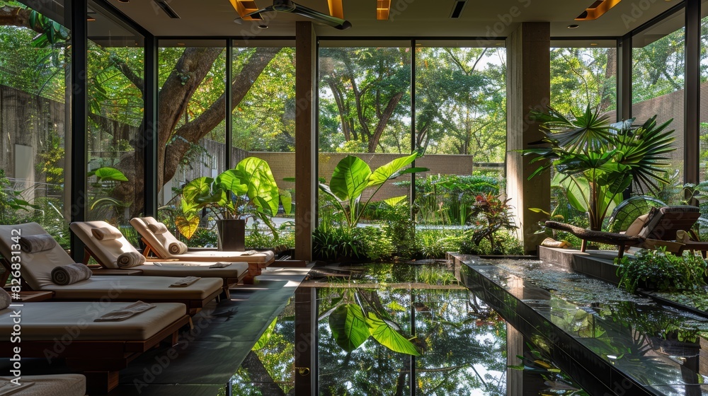 The photo shows a beautiful and peaceful spa with a pool, surrounded by lush greenery. It is the perfect place to relax and rejuvenate. The photo shows a beautiful and peaceful spa with a pool, surrounded by lush greenery. It is the perfect place to relax and rejuvenate.