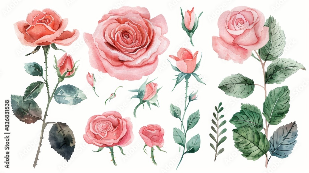 Watercolor illustration of pink roses and leaves, perfect for wedding ...