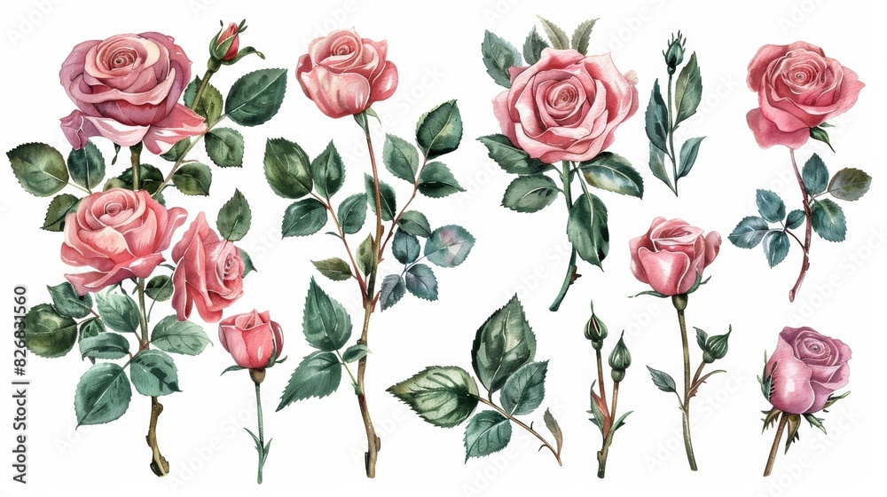 Watercolor illustration of pink roses with green leaves and buds on white background. Perfect for wedding invitations, greeting cards, and other designs. Watercolor illustration of pink roses with green leaves and buds on white background. Perfect for wedding invitations, greeting cards, and other designs.