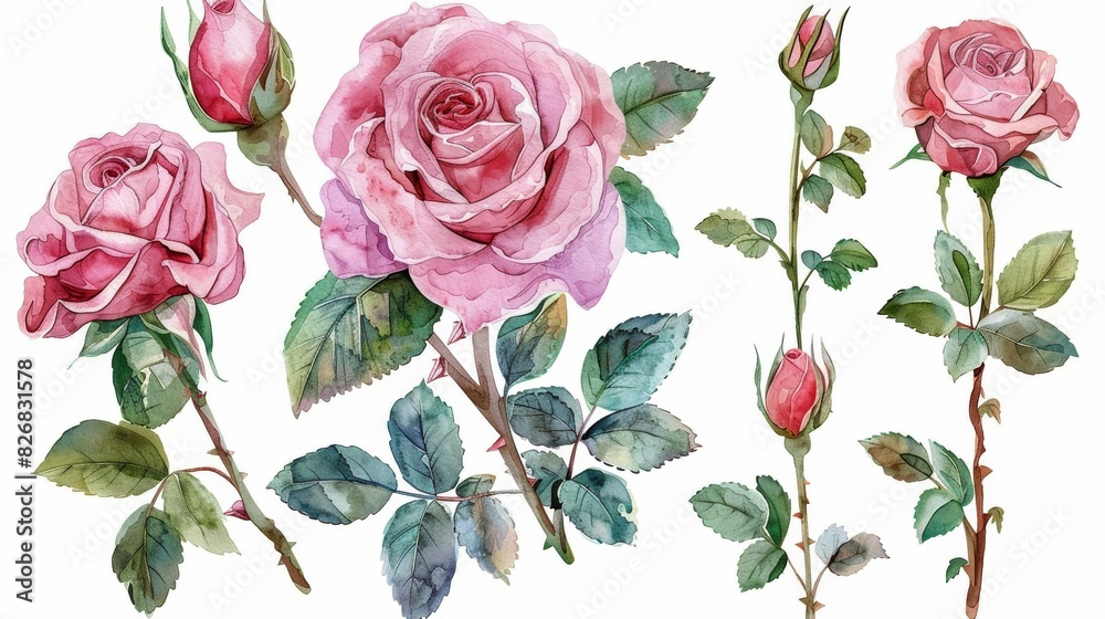 Naklejka premium Watercolor illustration of pink roses with green leaves and stems. Isolated on white background. Romantic floral clipart. Perfect for wedding invitations, stationery, and more.