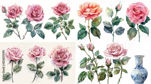 Watercolor illustration of pink roses with green leaves and a blue and white vase.