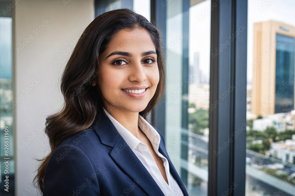Portrait of a successful, smiling Middle Eastern CEO in a modern office. Confident and friendly, she epitomizes leadership and professionalism. Portrait of a successful, smiling Middle Eastern CEO in a modern office. Confident and friendly, she epitomizes leadership and professionalism.