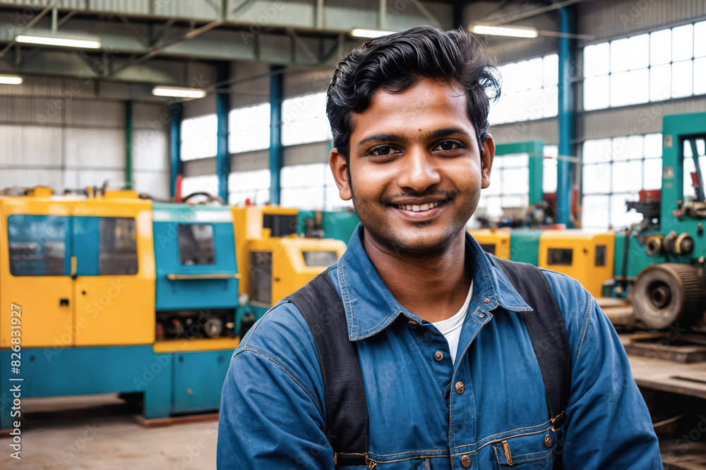 Portrait of a cheerful Indian welder in a manufacturing plant. Skilled and confident, he ensures safety and precision in production. Portrait of a cheerful Indian welder in a manufacturing plant. Skilled and confident, he ensures safety and precision in production.