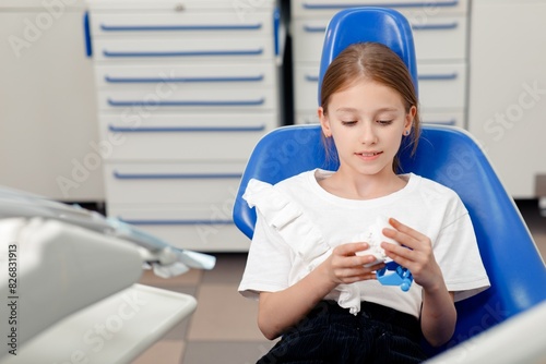 treatment teeth, Portrait child dentist, dental care, Dental treatment, Little girl visiting dentist, small child, dental clinic appointment