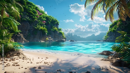 A tropical island with a sandy beach and clear water