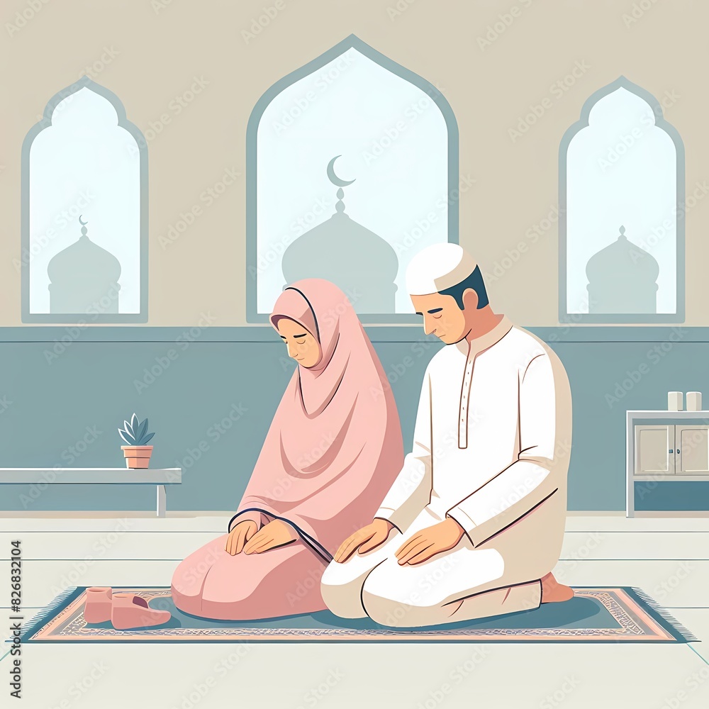 Muslim Couple in Prayer at Home Muslim Couple in Prayer at Home