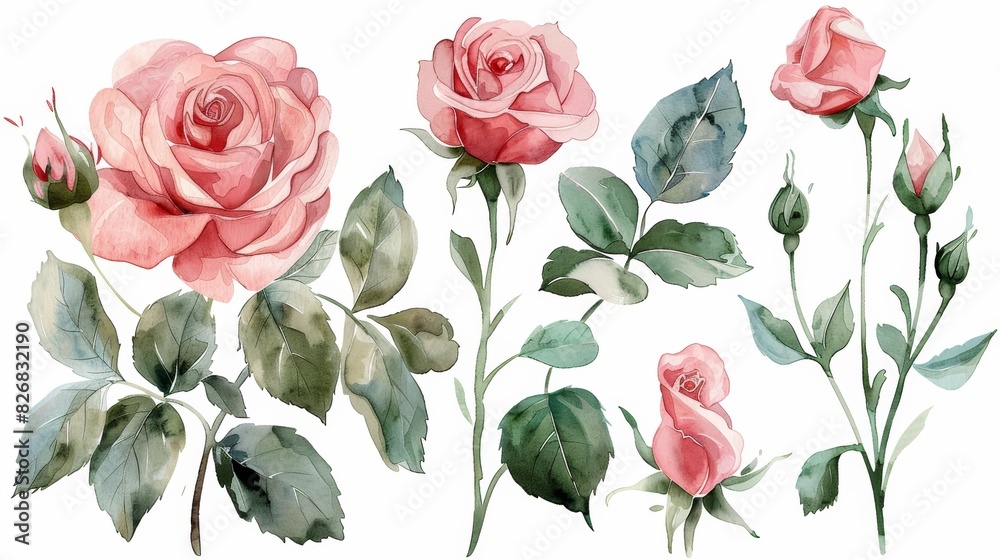 Watercolor painting of pink roses with green leaves and buds. Perfect for romantic and floral designs.