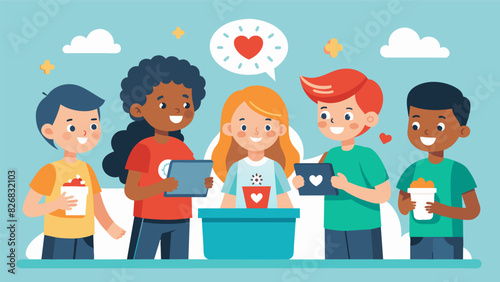 A group of child entrepreneurs collaborating with a local charity organization to raise funds for a cause they care about. The fundraising event is. Vector illustration