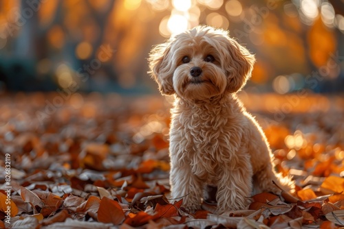 Charming and fluffy dog posed amid a picturesque autumn landscape with sunlight filtering through the vibrant fall foliage, casting warm hues photo