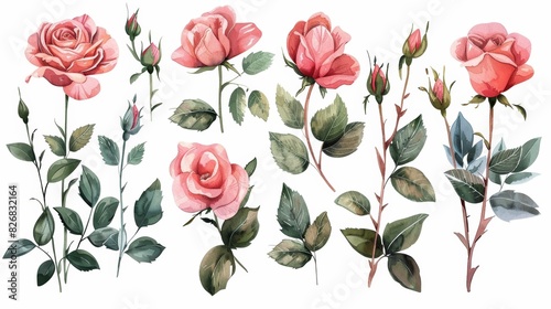 Watercolor painting of pink roses and buds with green leaves isolated on white background. Perfect for floral design projects.
