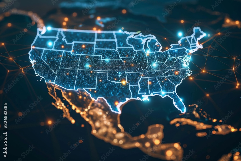 Digital map of america network connectivity created with generative ai Digital map of america network connectivity created with generative ai