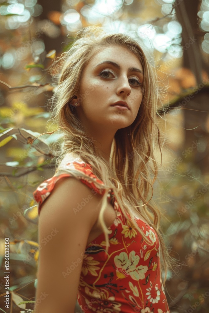 Golden hour portrait of a young woman standing amidst dense foliage, wearing a vibrant red floral dress, basked in warm sunlight with a contemplative expression Golden hour portrait of a young woman standing amidst dense foliage, wearing a vibrant red floral dress, basked in warm sunlight with a contemplative expression