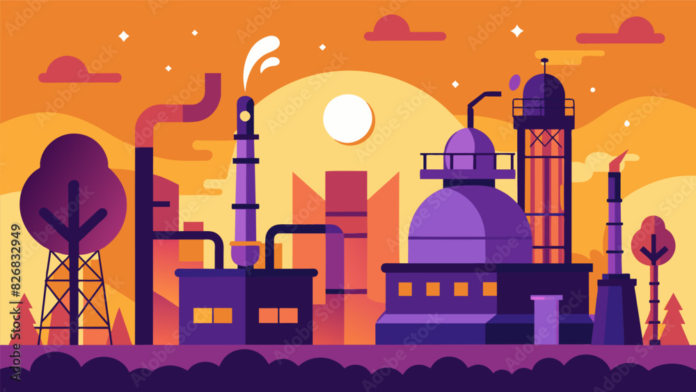 The quiet stillness of dawn is broken by the sound of alarms and whirring machinery as the refinery gears up for another day of production.. Vector illustration
