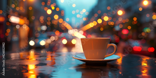 Steam rises as coffee cools in night cup of coffee in holiday colorful bokeh background on wooden table.