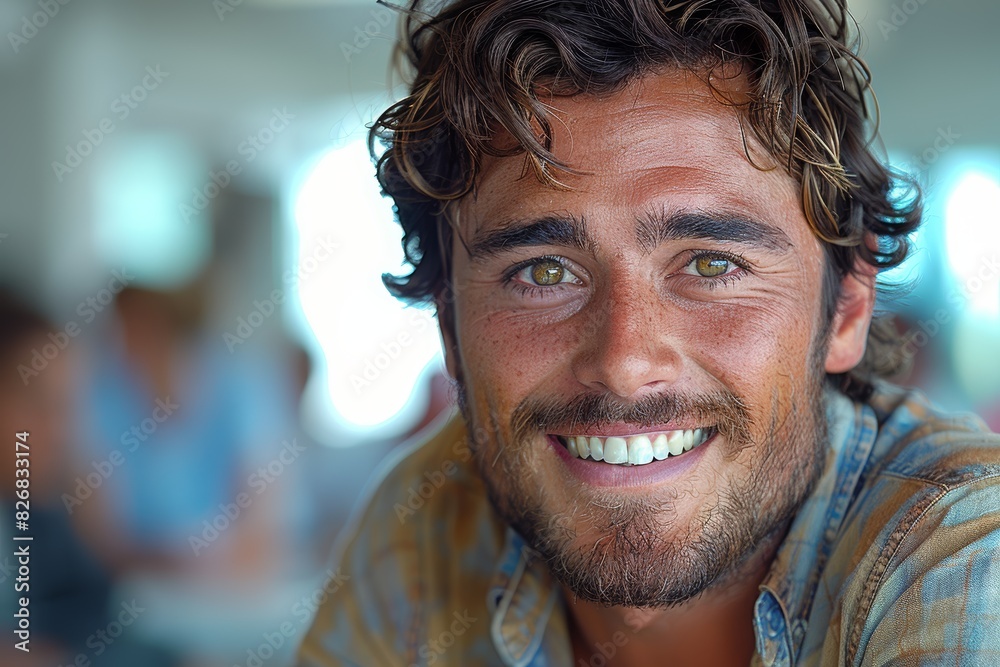 This image captures a close-up of a smiling man with wavy hair and a beard, showcasing his joyful expression and friendly demeanor with a blurred background This image captures a close-up of a smiling man with wavy hair and a beard, showcasing his joyful expression and friendly demeanor with a blurred background
