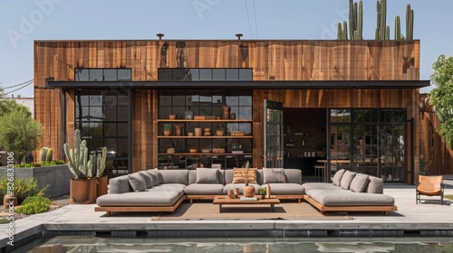 Spacious and modern outdoor seating area in front of a contemporary wooden building with large windows, surrounded by desert plants and a water feature