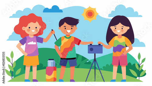 A trio of kids gather supplies and set up their cameras in a picturesque location ready to show their viewers how to make a festive and colorful. Vector illustration