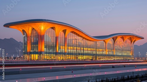 The contemporary architectural marvel of a large, beautifully illuminated transportation terminal with a unique curved roof design during twilight hours