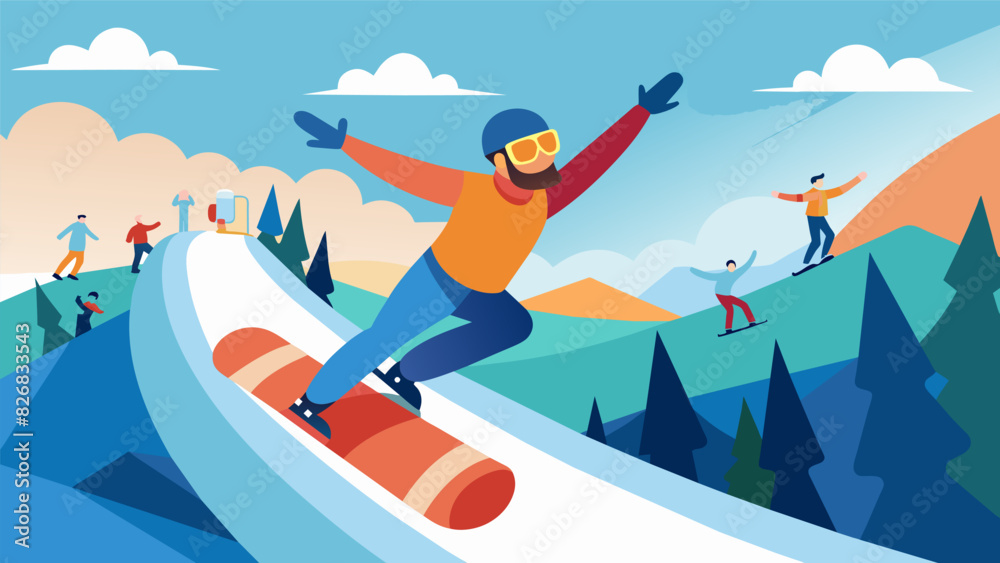 A snowboarder navigating a series of realistic virtual halfpipes performing daring flips and grabs in front of a cheering virtual audience.. Vector illustration