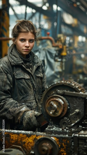 Young woman in rugged work attire stands confidently in an industrial setting surrounded by machinery, gears, and tools in a busy factory