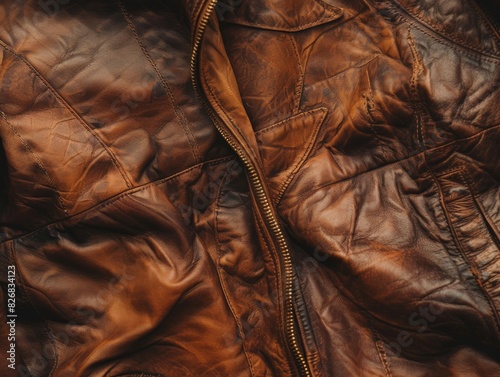Vintage-inspired leather jacket with a distinct patina from extensive wear. Visually striking, authentically worn look photo
