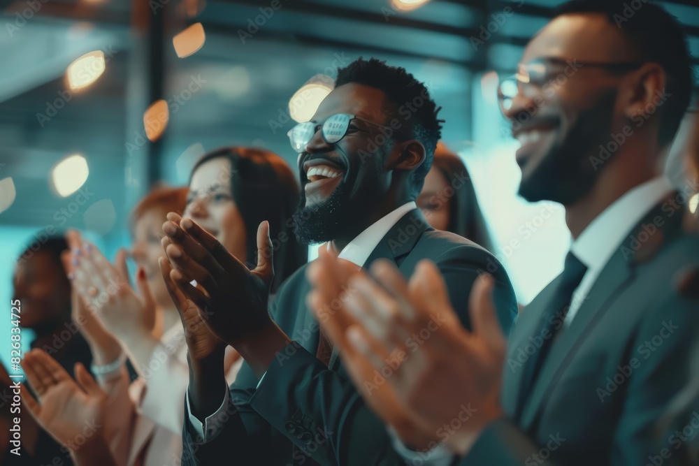 A promotion celebration at the office, close up, with colleagues clapping and smiling, with blurry background, hitech HUD concept, adding a cinematic look sharpened with copy space