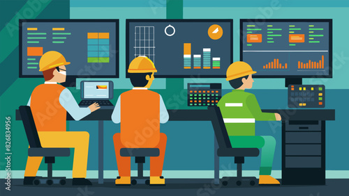 Skilled workers monitoring computer screens and control panels expertly regulating temperatures and other variables to produce topquality bituminous. Vector illustration