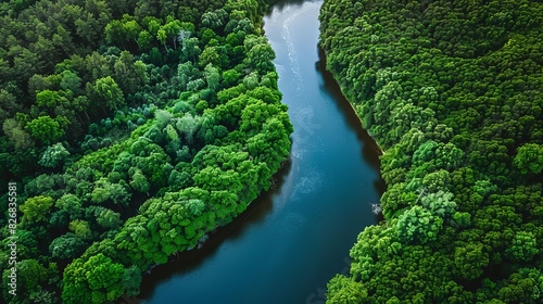 Aerial view of a winding river surrounded by dense, lush green forest. Nature landscape showcasing tranquility and natural beauty.