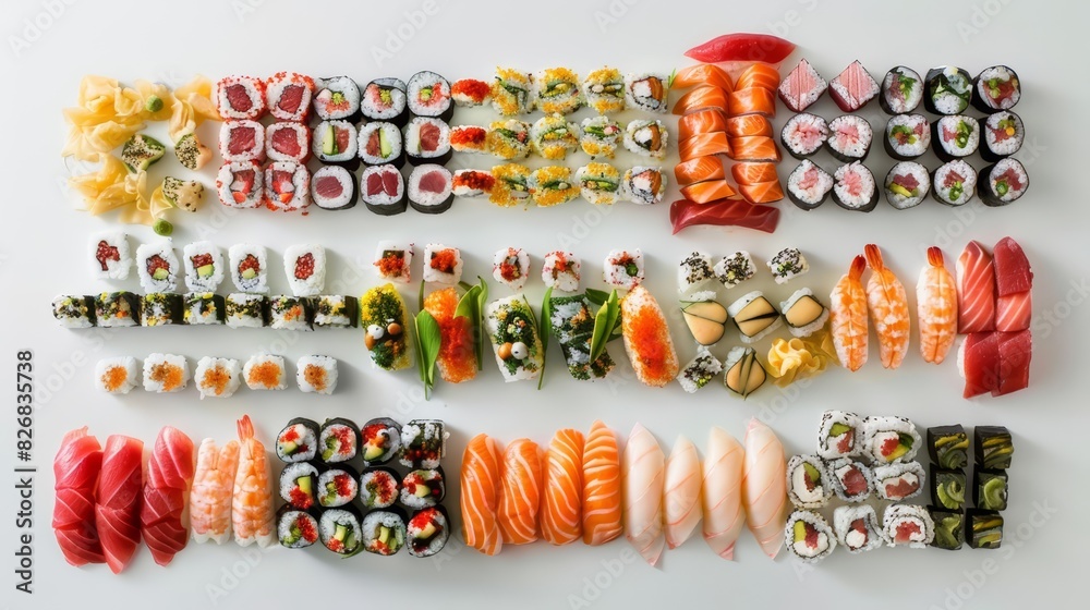 Fototapeta premium Delicious sushi and sashimi assortment laid out on a white background top view