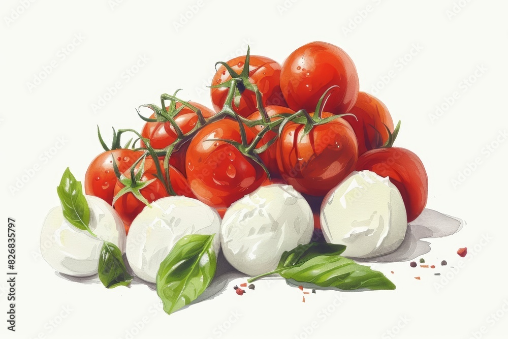 Food graphic design with Caprese Salad, highlighted with fresh mozzarella and ripe tomatoes, against a white background, capturing the essence of Italian summer cuisine Food graphic design with Caprese Salad, highlighted with fresh mozzarella and ripe tomatoes, against a white background, capturing the essence of Italian summer cuisine