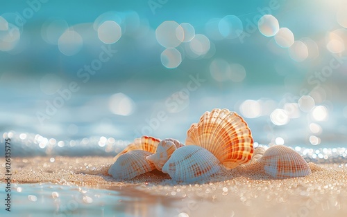 Beautiful sea shells on a sandy beach with blurred ocean waves and sunlight in the background. Perfect for summer and seaside themes. © J@x In The Box