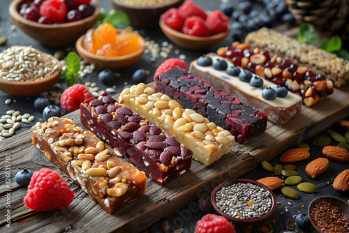 Wooden cutting board with granola bars and berries, natural food display