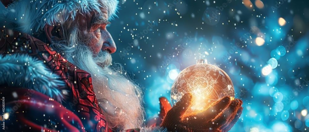 Happy Santa Claus holding a glowing Christmas ball over a defocused blue background with a copy space