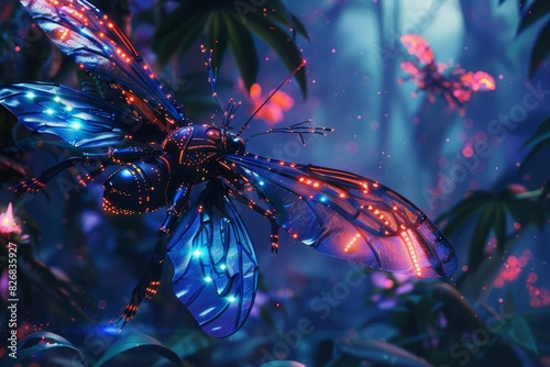 Futuristic concept of insects with mechanical wings and bioluminescent bodies
