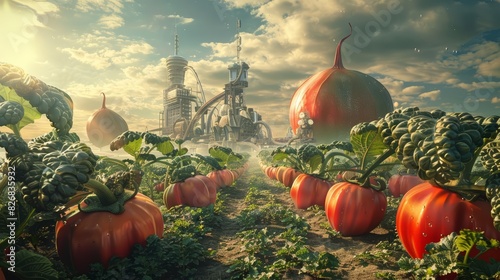 GMO food and genetically modified crops or engineered agriculture concepts depicted through a futuristic farm scene with oversized vegetables and advanced farming technology photo