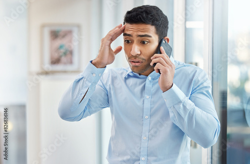 Business man, stress and phone call in office with mistake, fail and lost deal with thinking for solution. Frustrated person, employee and smartphone with anxiety, ideas and contact in workplace