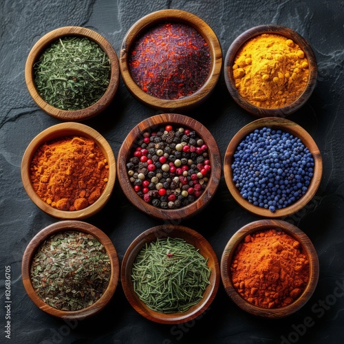 Colorful assortment of spices in wooden bowls on a dark background, showcasing culinary diversity and flavor.